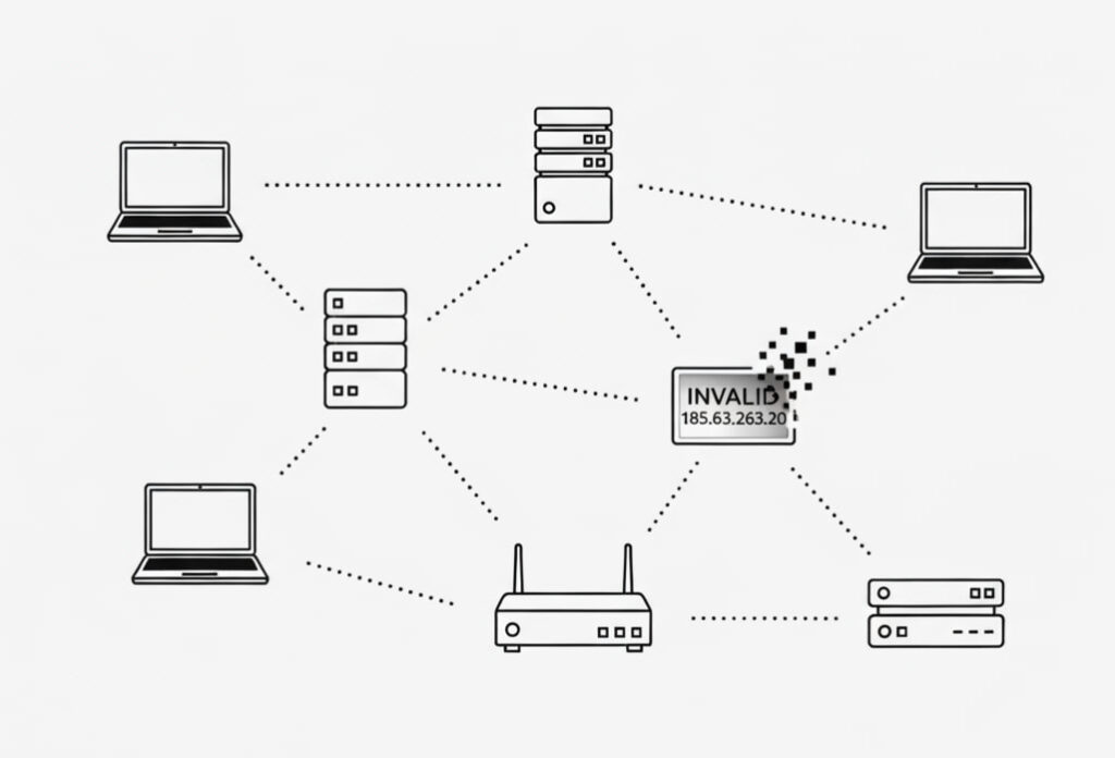 Illustration of a digital network where most devices are connected normally, but one node appears broken or glitched, symbolizing an invalid IP address.