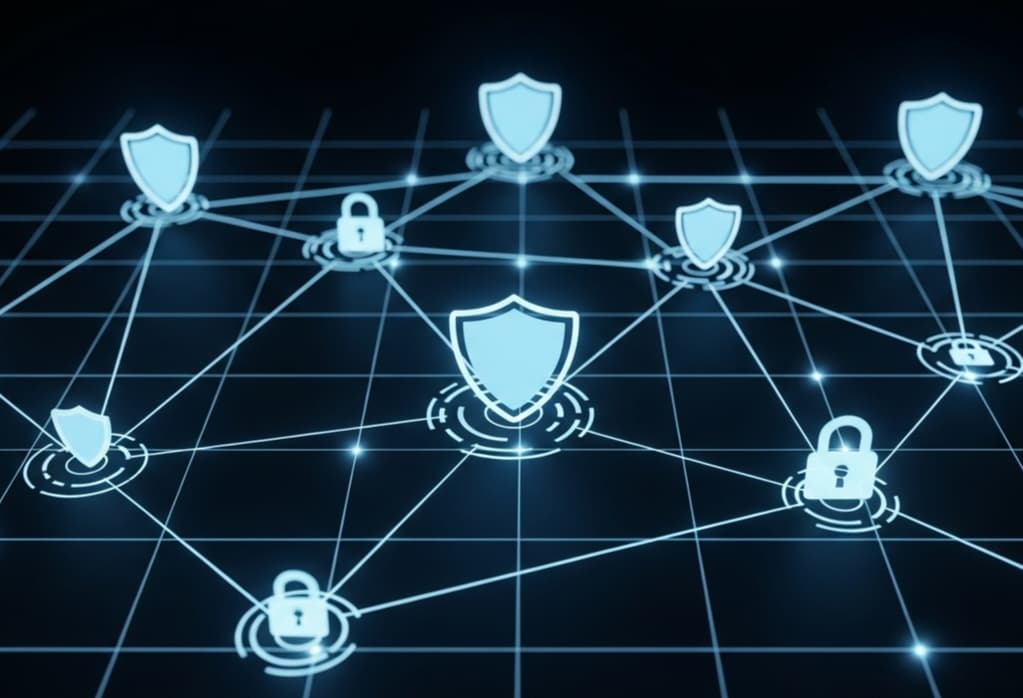 Abstract glowing shields and lock symbols interconnected on a digital grid, representing investor interest in cybersecurity solutions.