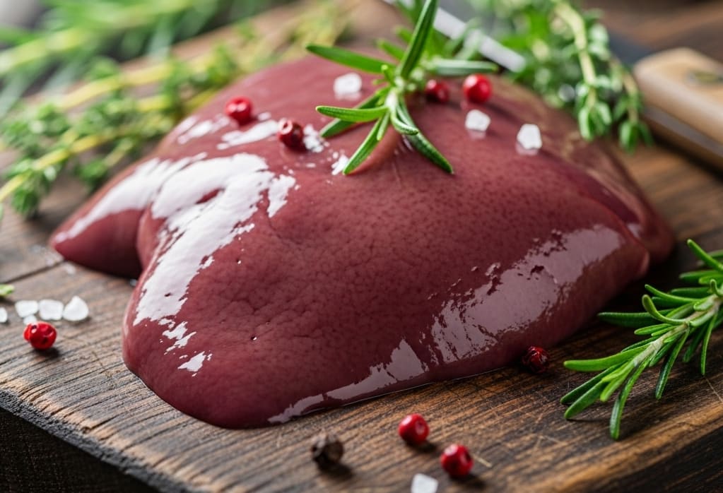 Close-up of fresh lamb liver on a wooden cutting board with rosemary and thyme, showcasing its rich texture and deep red color.