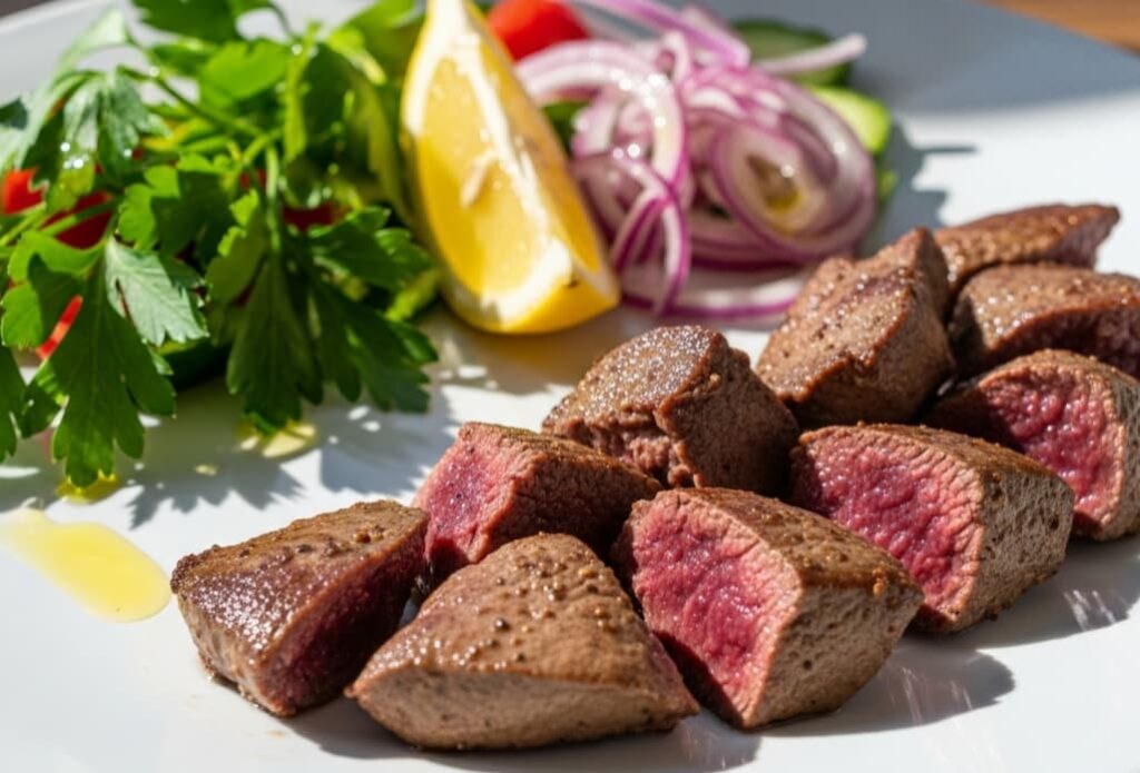 Cooked lamb liver on a plate with vegetables, visually representing its nutritional value.