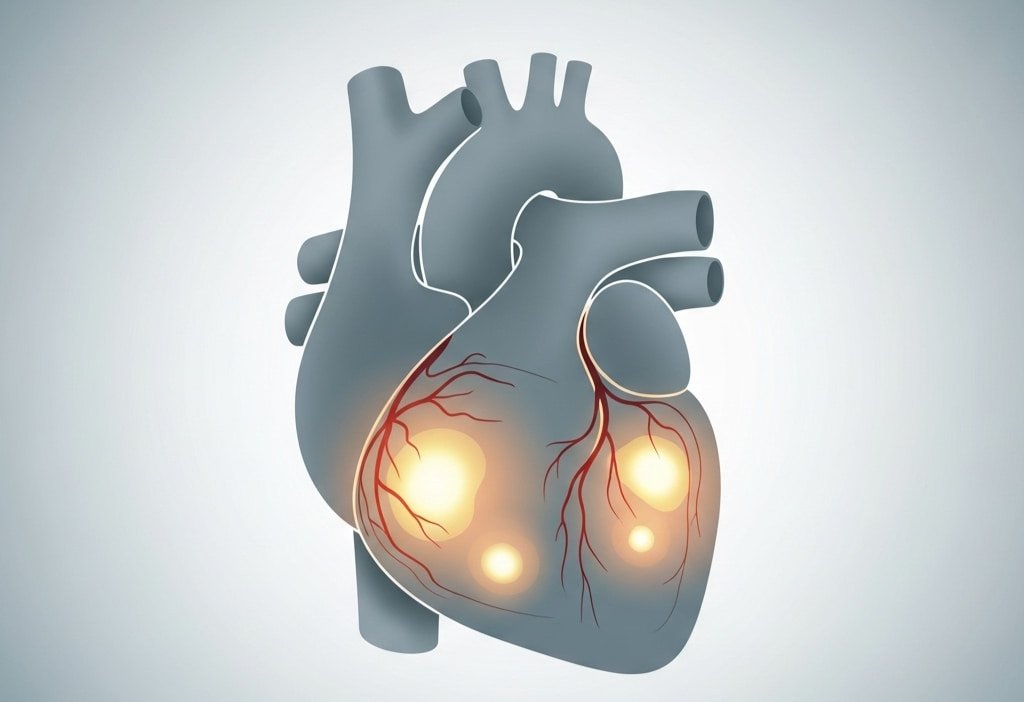 Illustration of a heart during a Lexiscan Thallium Stress Test showing blood flow patterns with glowing areas.