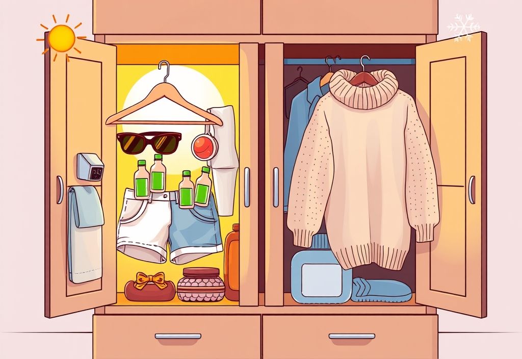 Lifestyle Grooming Digital Creator Fashion - Stylized wardrobe showing summer outfits with aloe vera and winter knits with moisturizers