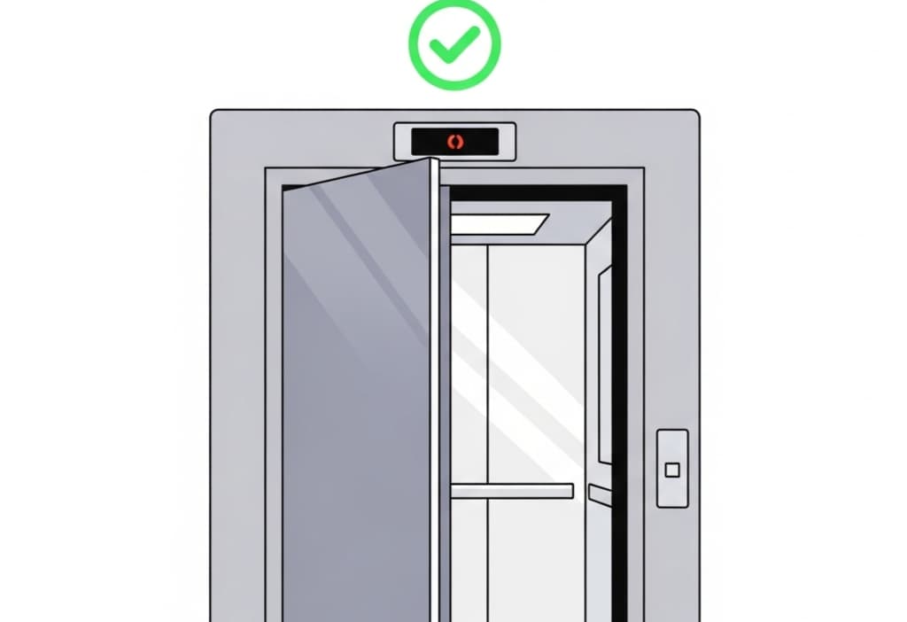 Vector-style illustration of an elevator with a green safety sign, showing this sign shows when a lift is safe to use, simple and clean design.