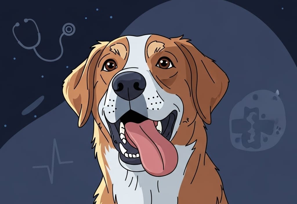 Cartoon style vector illustration of a dog panting at night with subtle medical symbols in the background