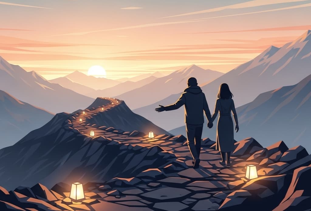 Winding mountain path with glowing lanterns guiding the way, symbolizing brand elevation scale agile solutions overcoming challenges with guidance and teamwork.