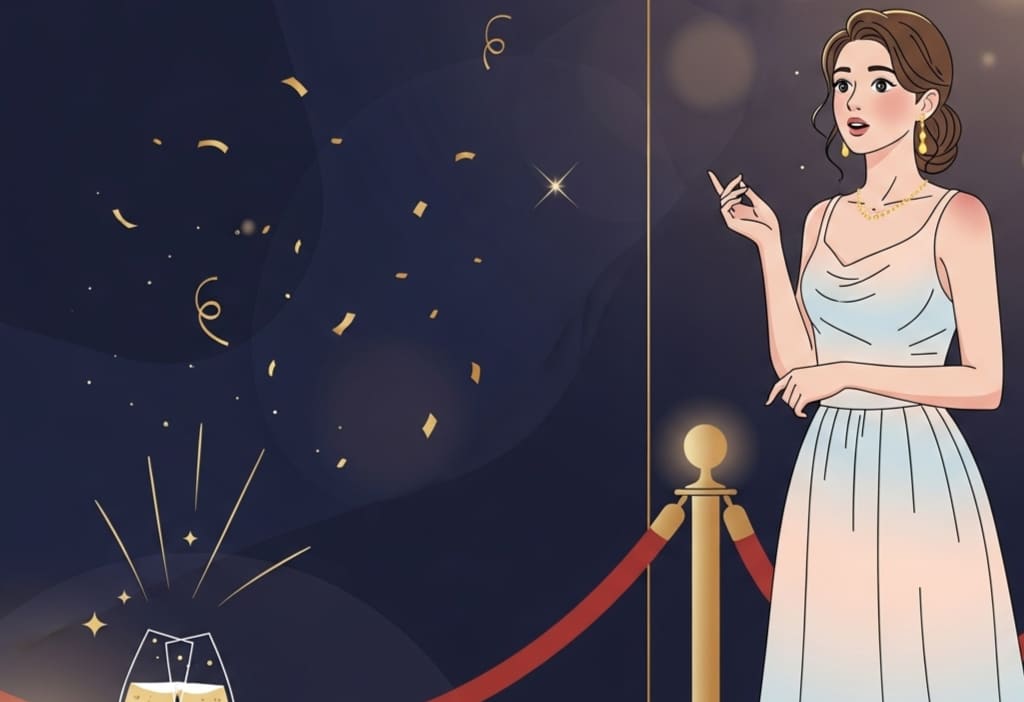 Vector illustration of a stylish young woman at her first luxury event, standing near a velvet rope entrance with elegant décor and ambient lighting.