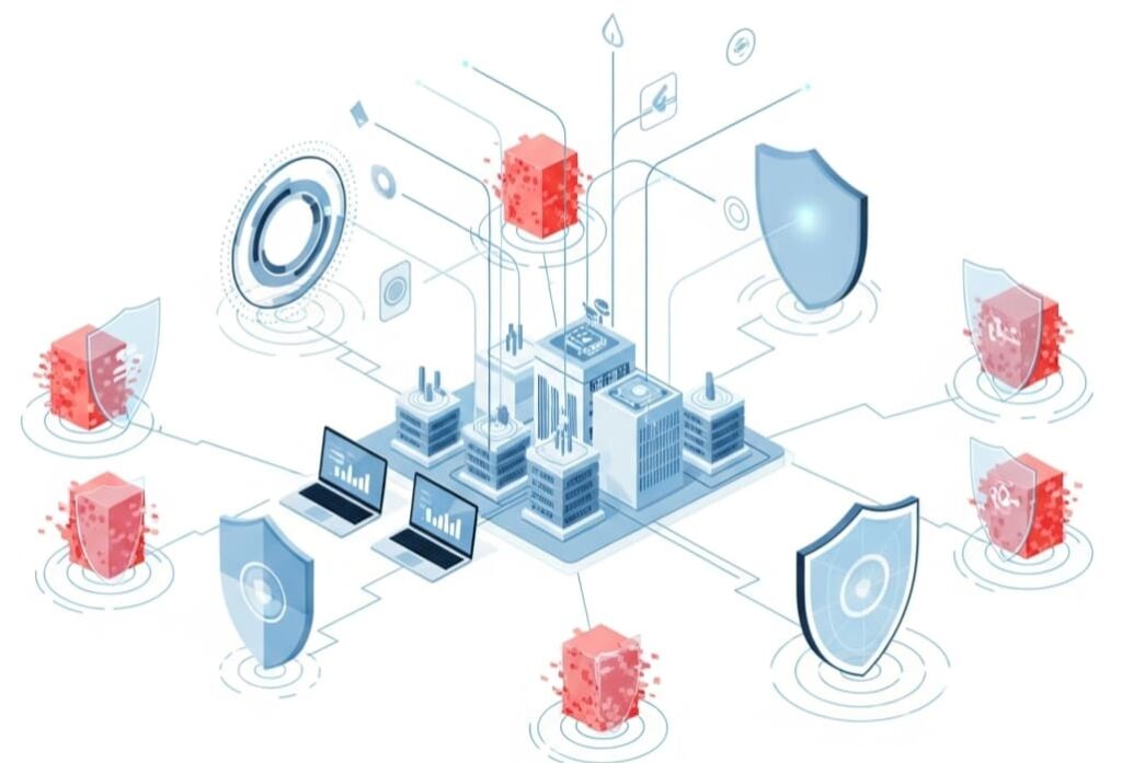 Illustration of a digital network shield blocking glitchy or red lines representing suspicious IPs, while safe connections flow normally, symbolizing network protection.