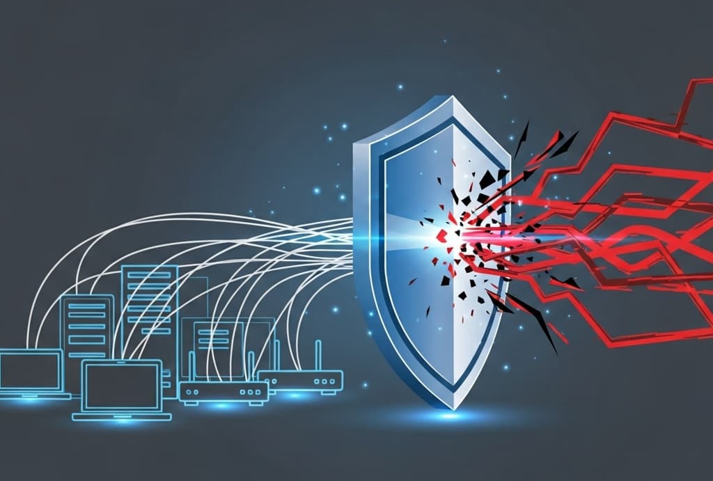 Illustration of a digital network shield blocking glitchy or red lines representing suspicious IPs, while safe connections flow normally, symbolizing network protection.