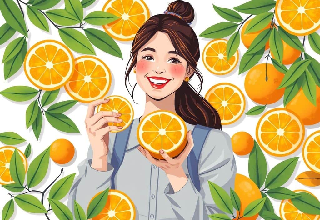 A colorful vector illustration of a young woman enjoying fresh oranges, surrounded by slices and leaves, symbolizing the nutritional benefits of seasonal oranges.