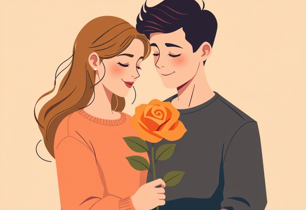 Vector illustration of a young couple with an orange rose, representing emotions and romantic feelings, highlighting the orange color rose meaning.