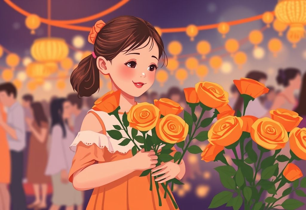 Vector illustration of a young girl with orange roses at a festive or cultural event, symbolizing their significance in culture and special occasions, highlighting the orange color rose meaning.