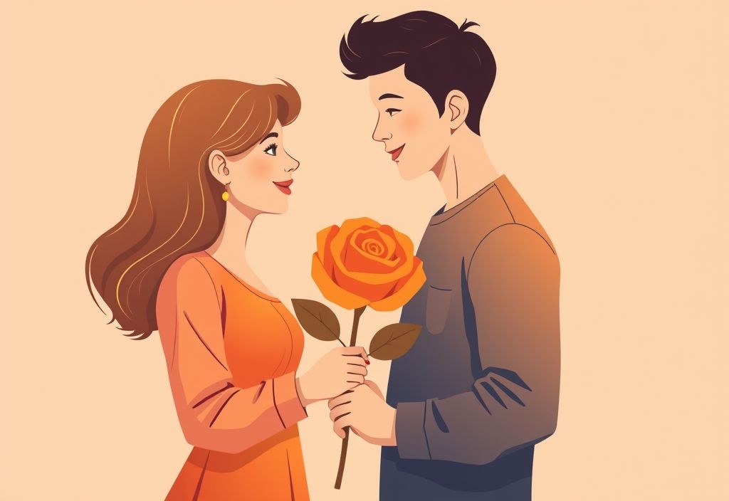 Vector illustration of a young couple with an orange rose, symbolizing love and romantic relationships, highlighting the orange color rose meaning.