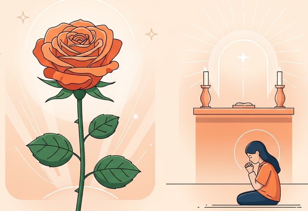 Vector illustration of an orange rose in a serene spiritual setting, symbolizing reflection and biblical significance, highlighting the orange color rose meaning.