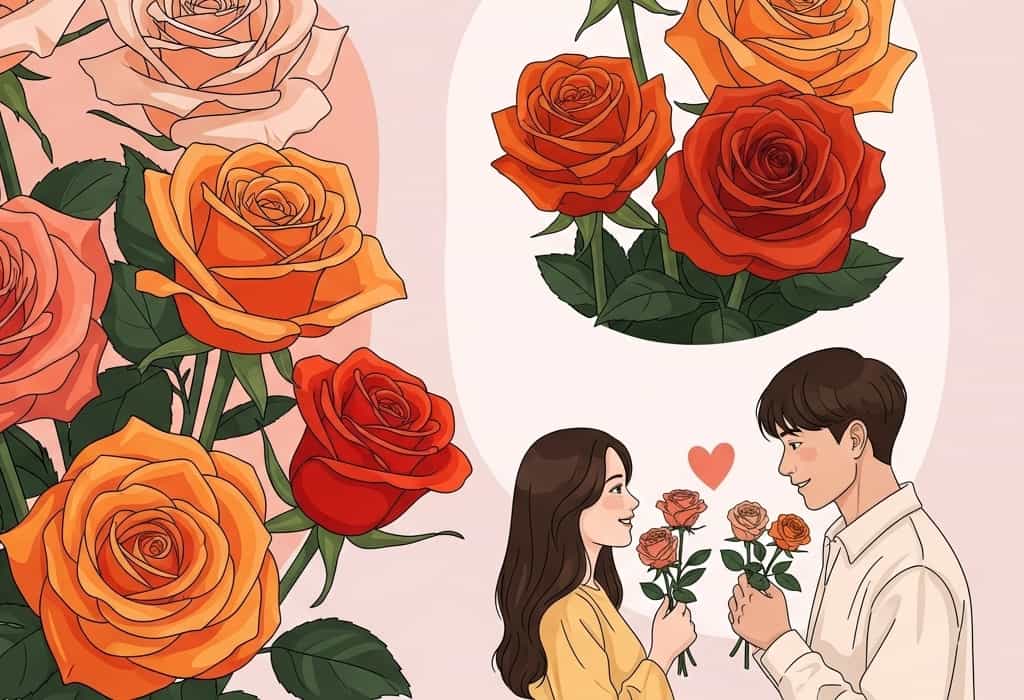 Vector illustration of various shades of orange roses, symbolizing the nuances of emotions and love, highlighting the orange color rose meaning.