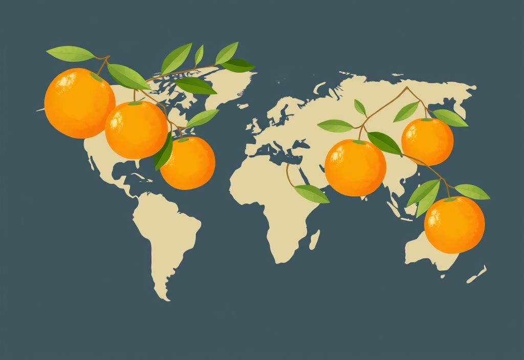 A vector illustration of a world map with oranges shown in different regions, representing how orange seasons vary by location.