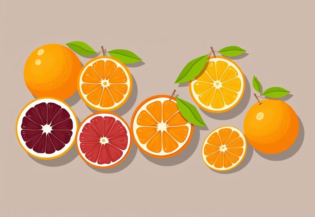 A colorful vector illustration of popular orange varieties including navel, blood, cara cara, and sumo oranges, displayed creatively with seasonal elements to represent their peak seasons.
