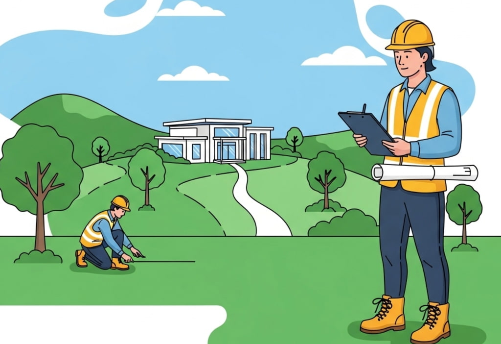 Vector illustration of inspectors conducting a Phase 1 Environmental Site Assessment Cost evaluation at a property with a building and surrounding land.