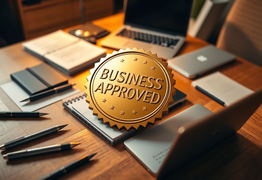 A gold seal with the words "BUSINESS APPROVED" sits on a wooden office desk next to pens, notebooks, and laptops.