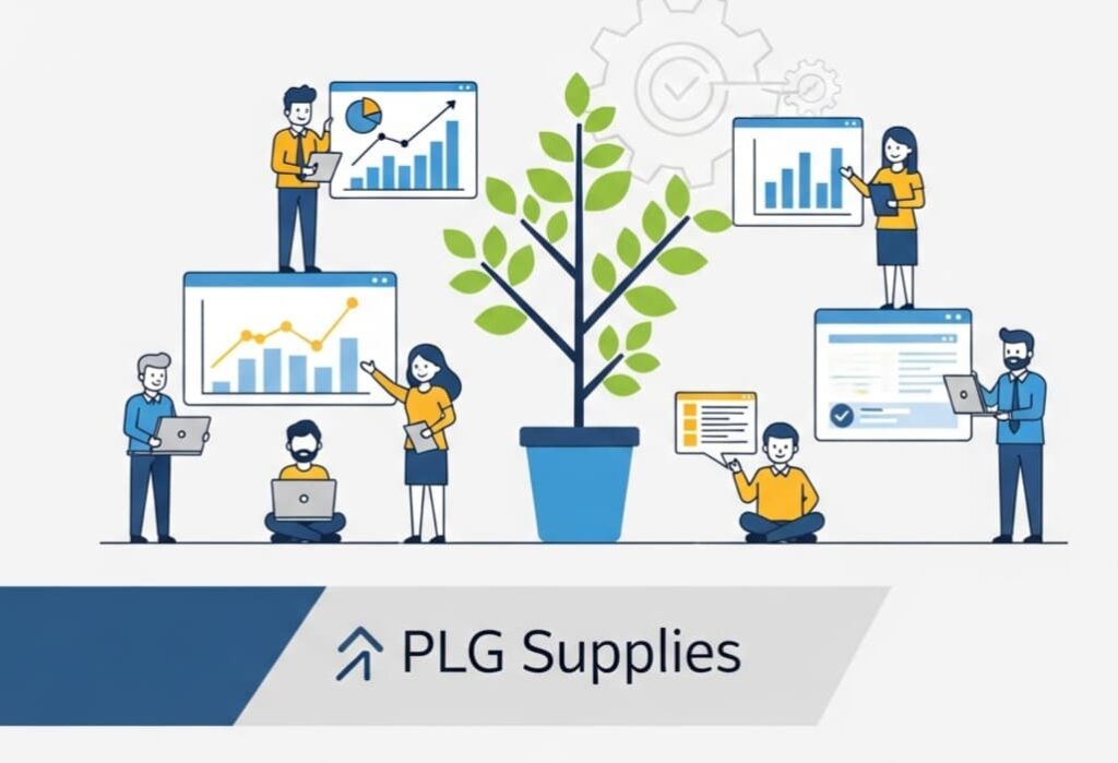 Vector illustration of business growth with teamwork, charts, and digital tools, in a minimal Canva avatar style, showing the positive impact on business.