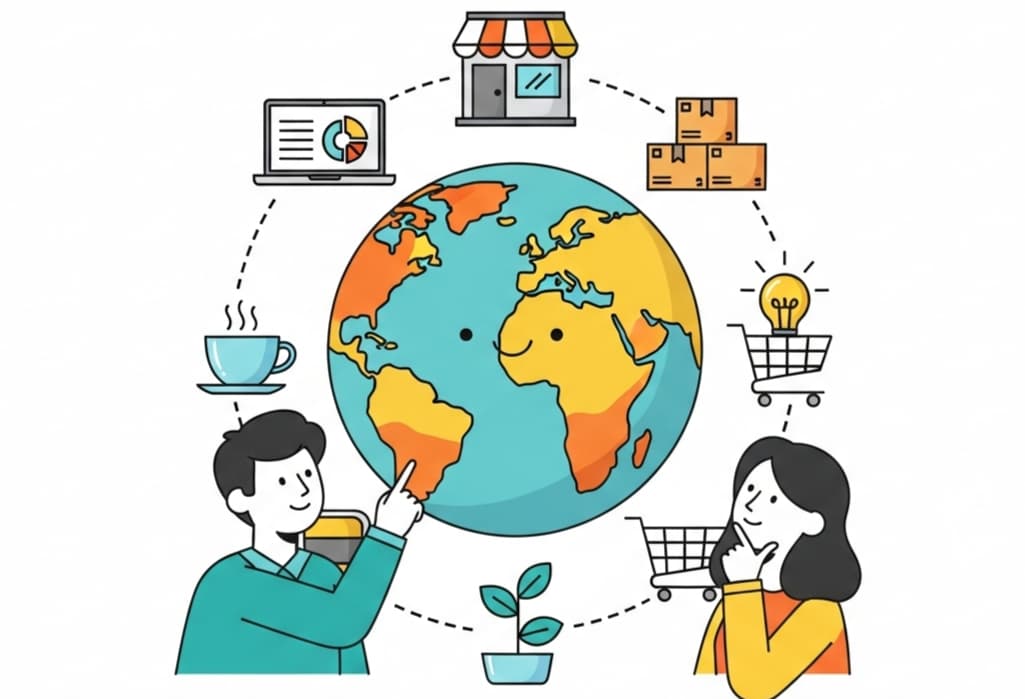 Vector illustration of a globe with small business icons and people interacting, in a minimal Canva avatar style, showing support for businesses everywhere.