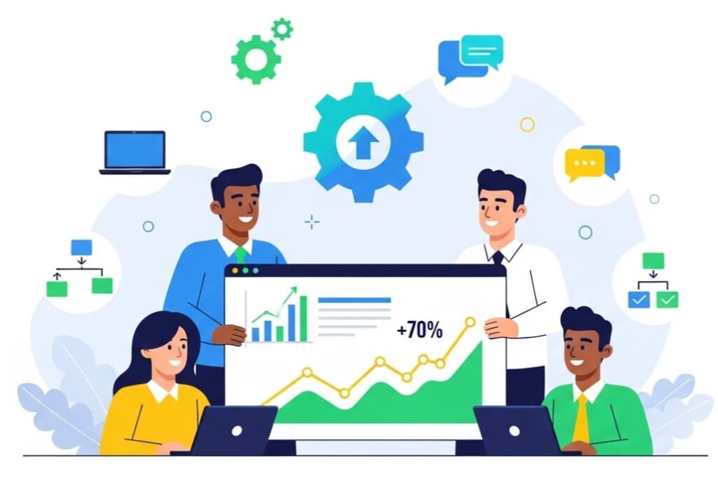 Vector illustration of a team working efficiently with charts, gears, and laptops, in a minimal Canva avatar style, showing improved operational workflow
