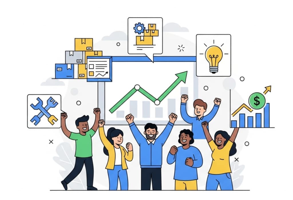 Vector illustration of a happy team celebrating success with packages, charts, and tools, in a minimal Canva avatar style, representing the benefits of a business partnership.