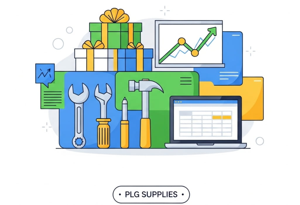 Vector illustration of business services and products like packages, tools, and charts, in a minimal Canva avatar style, representing what PLG Supplies offers.