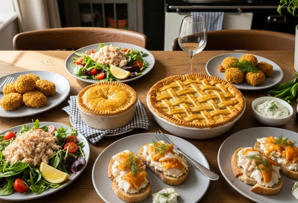 A variety of fish dishes including pies, salads, and sandwiches displayed on a dining table with colorful presentation.
