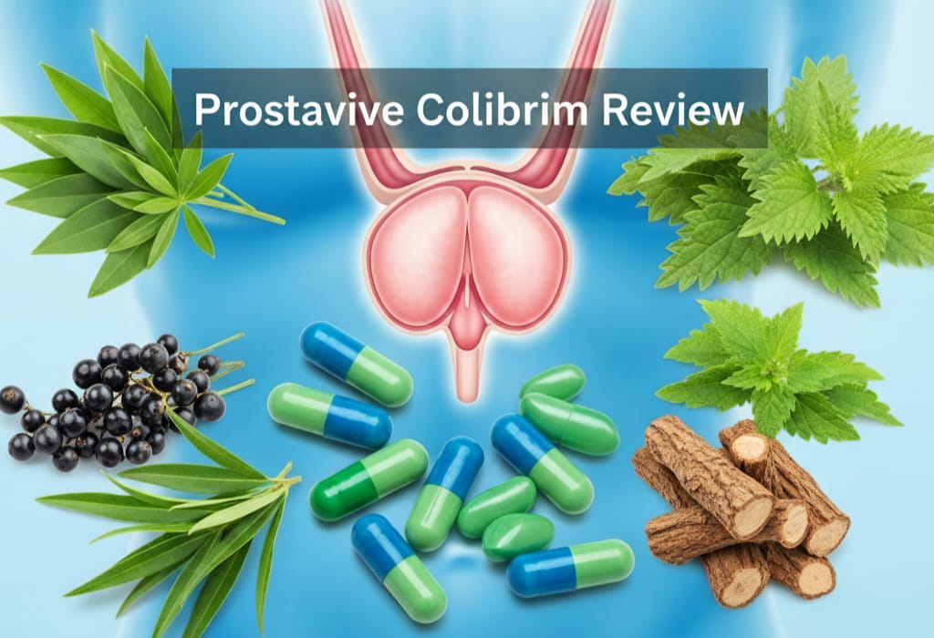 Prostavive Colibrim Review graphic showing capsules, herbs (nettle, licorice), and an illustration of the prostate gland.