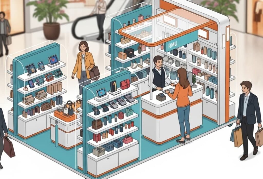 Illustrated retail merchandising unit in a busy mall with shelves and a pop-up kiosk, shoppers browsing around.