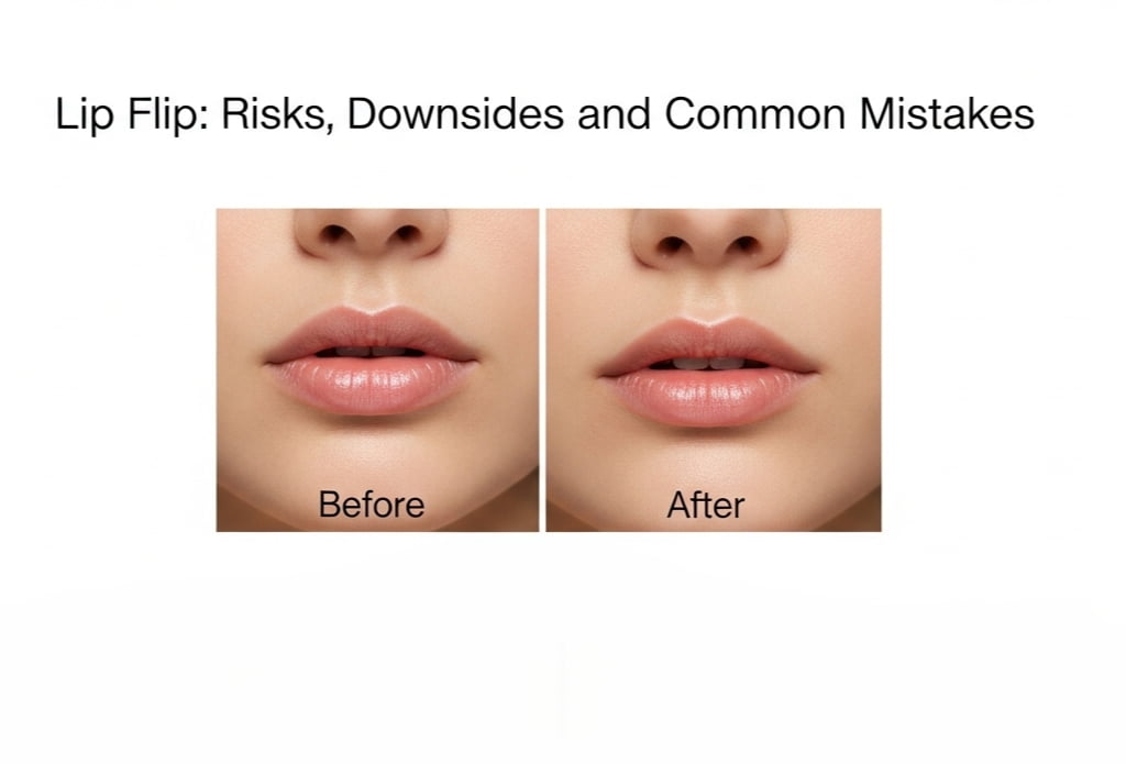 A "before and after" image showing a woman's face, focusing on the lips. The "BEFORE" side shows less prominent lips, and the "AFTER" side shows fuller lips with a small blemish or bump near the mouth. A red banner at the top reads: "Risks, Downsides, and Common Mistakes of a Lip Flip