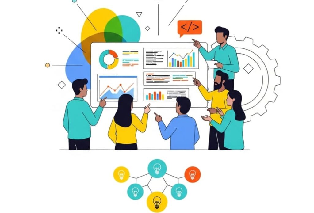 A digital illustration depicting what developers can learn from SilkTest, showing teamwork, knowledge sharing, ethical automation, and insights applied to improve workflows