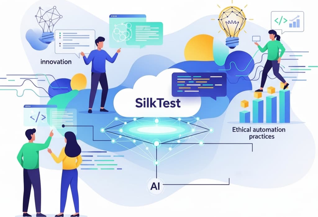 A digital illustration depicting how SilkTest influenced modern automation, showing developers using AI-enhanced testing, cloud workflows, and collaborative problem-solving, highlighting innovation, skill development, and ethical practices.
