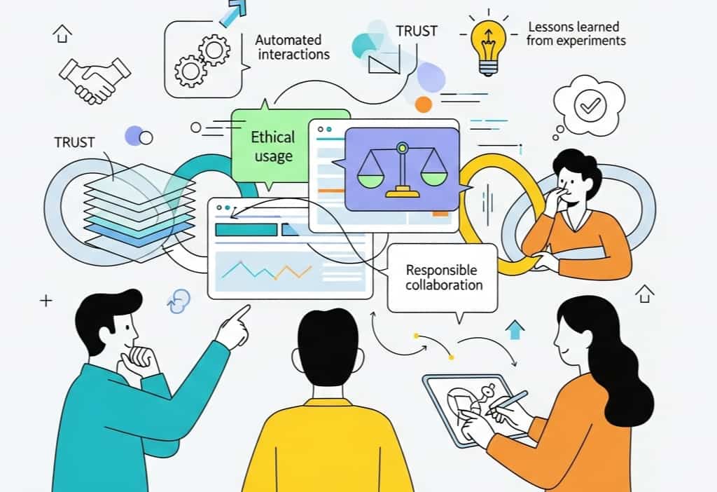 A digital illustration depicting what was discovered through testing with SilkTest, showing developers reflecting on automated interactions, responsible usage, trust, and ethical collaboration.