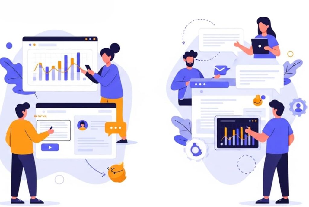 A digital illustration depicting how SilkTest shows real results, with developers analyzing data, tracking engagement, optimizing workflows, and discovering insights from collaborative testing, highlighting efficiency and knowledge sharing.