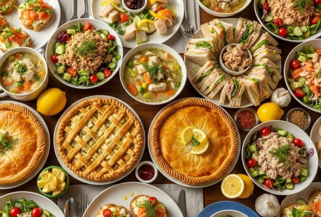 A variety of fish dishes including pies, salads, soups, and sandwiches displayed on a dining table with herbs and lemon.