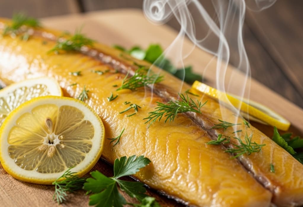 A fillet of fish on a wooden board, garnished with lemon slices and herbs, with a hint of smoke in the background.