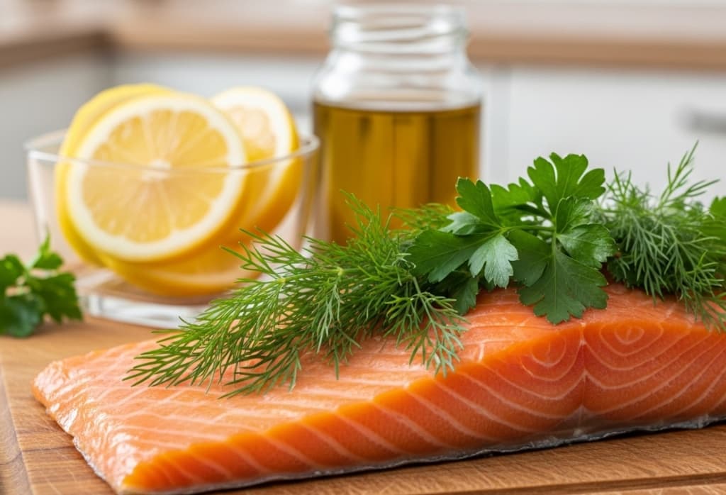 Fresh smoked salmon on a wooden cutting board with herbs, lemon slices, and olive oil, highlighting tips for keeping salmon fresh.