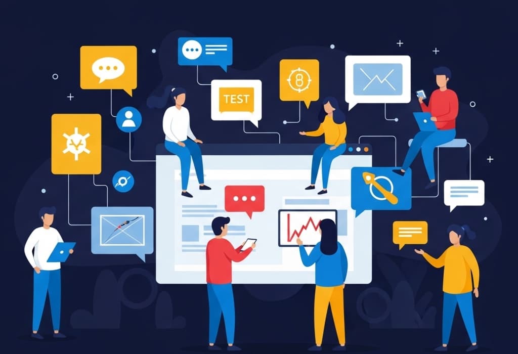 A digital illustration depicting a collaborative software testing environment, highlighting teamwork, peer feedback, and community engagement in the context of the social media saga SilkTest.