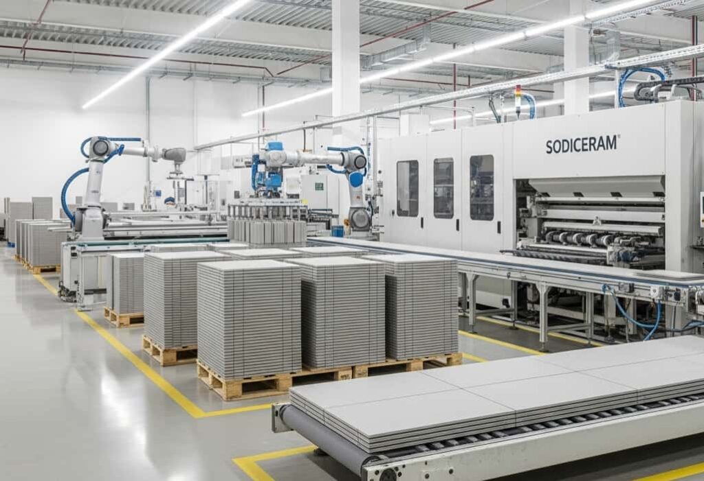 Sodiceram ceramic tiles in a modern factory, highlighting efficiency, cost savings, and simplicity