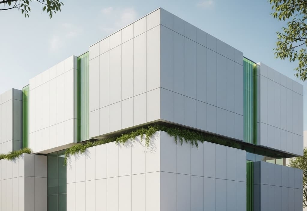 Futuristic view of Sodiceram ceramic materials in modern eco-friendly buildings, highlighting innovation and sustainability