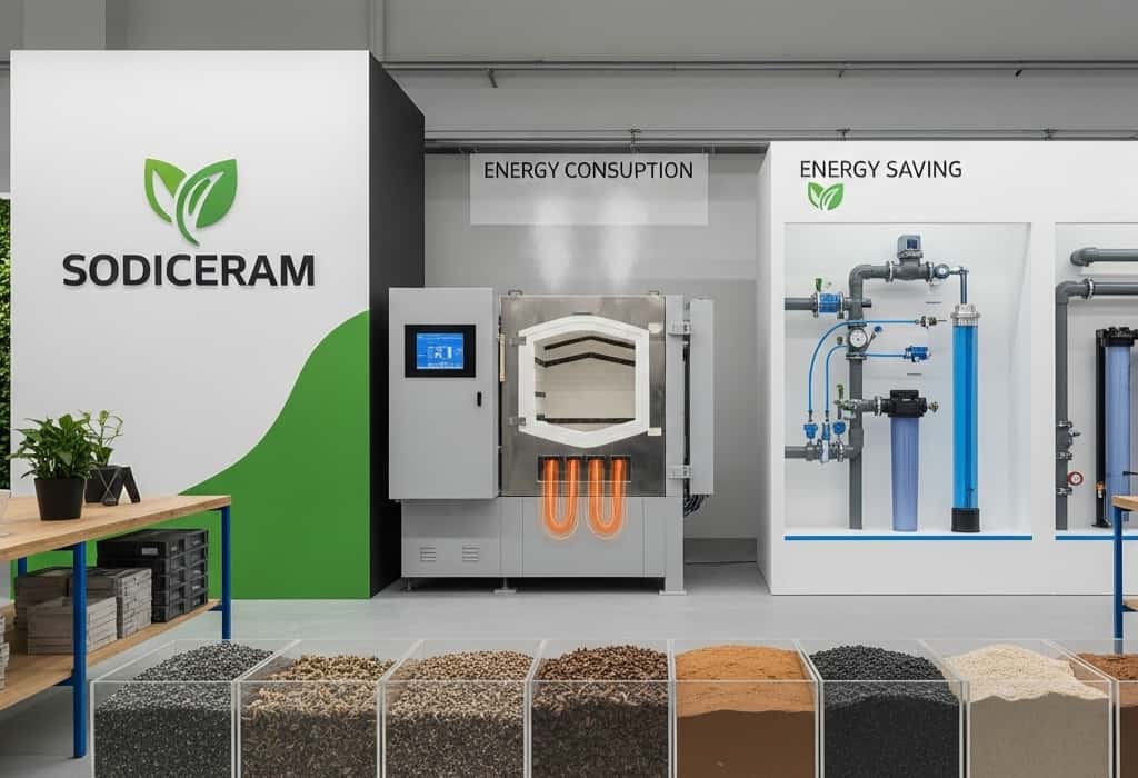 Sodiceram ceramic materials highlighting sustainable production, recycled materials, and climate-friendly design in an eco-conscious setting.