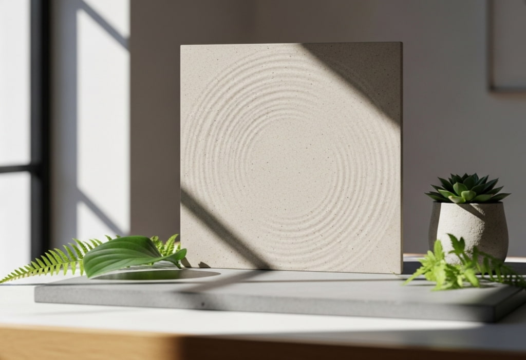 Sodiceram: modern sustainable ceramic material displayed in a minimalist setting with greenery, highlighting strength and eco-friendliness.