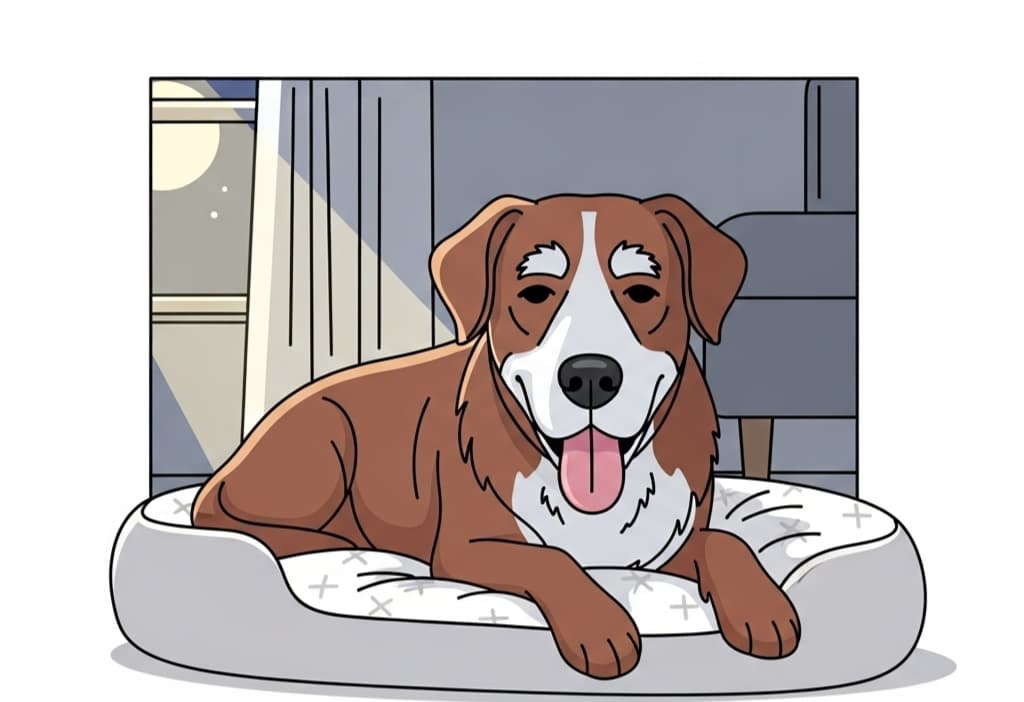 Vector illustration of a senior dog panting at night, resting on a bed with moonlight in the background