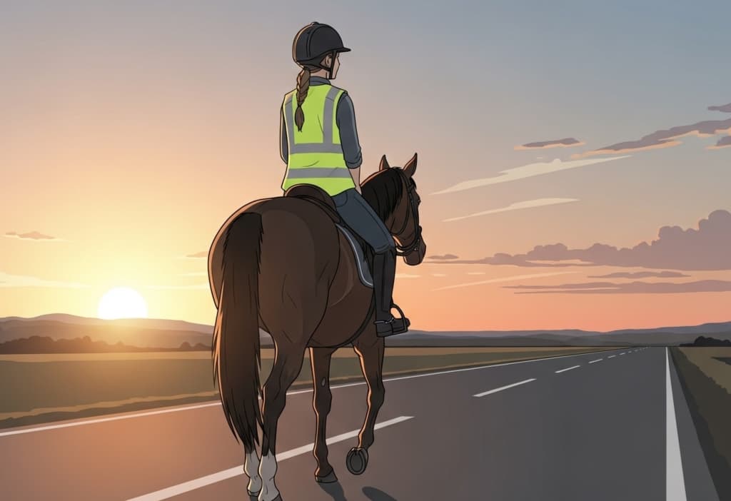 An illustration of a girl rider with safety gear on a horse at sunset, showing how can you stay safe and avoid legal trouble while riding a horse and exploring can you get a dui on a horse.