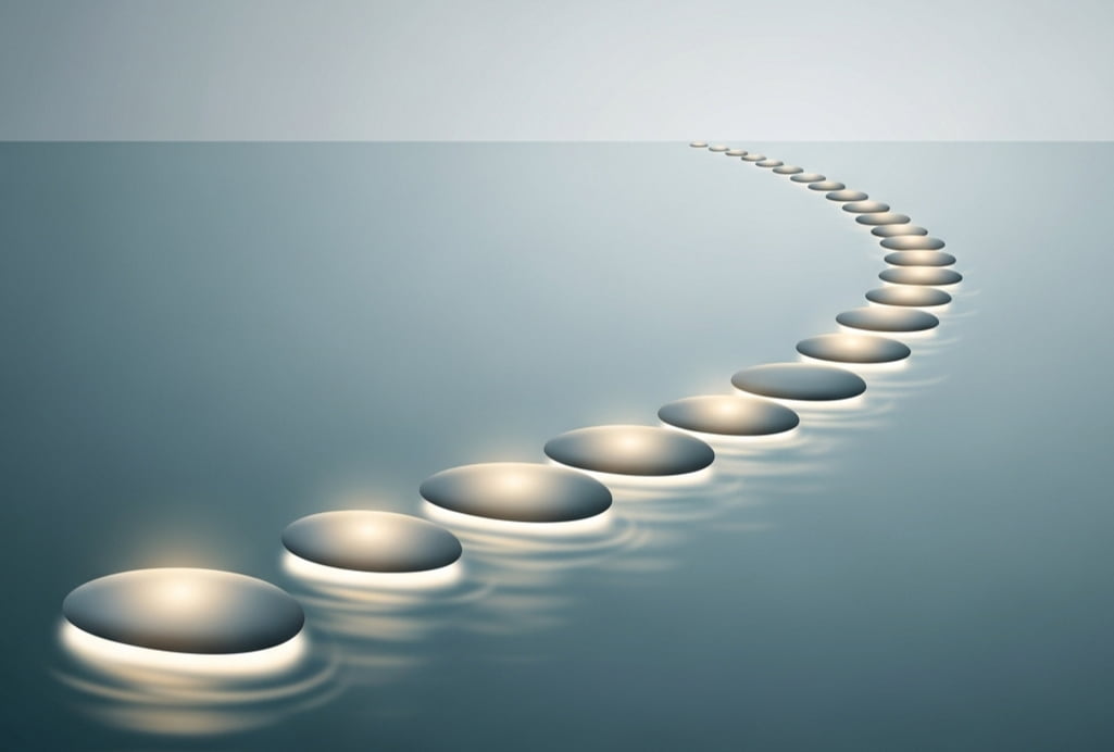 Series of glowing stepping stones across calm water, symbolizing brand elevation scale agile solutions being applied step by step for trusted and adaptable growth.