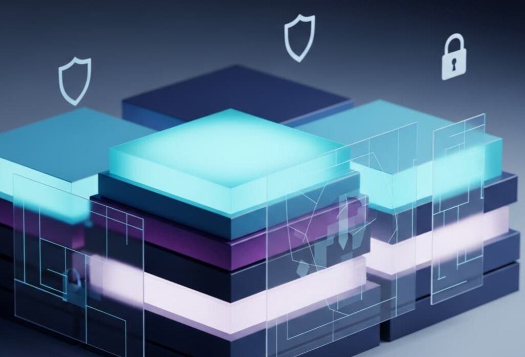 Abstract layered glowing blocks with shield and lock icons, representing how to structure a cybersecurity pitch deck PPTX.