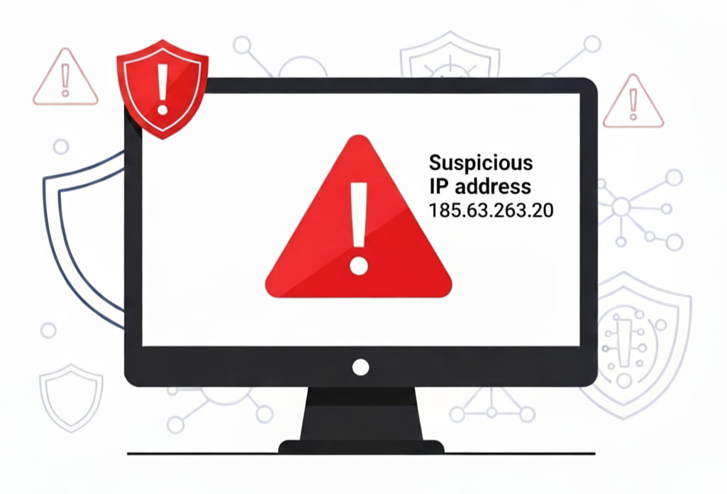 Illustration of a computer screen with a red warning sign, representing the suspicious IP address 185.63.263.20 and cybersecurity risk.