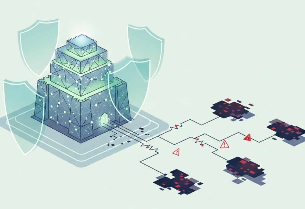 Illustration of a digital fortress protected by glowing shields, with glitchy or shadowy network nodes approaching, representing suspicious IP activity and potential security risks.