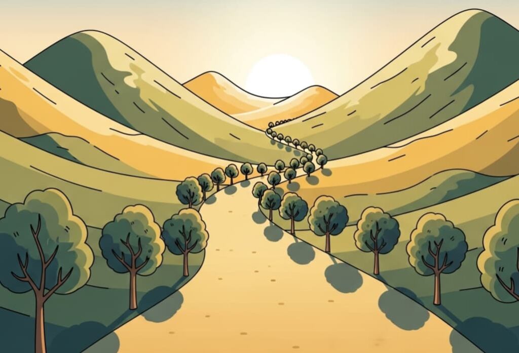 Sunlit mountain path with flourishing trees along the way, symbolizing brand elevation scale agile solutions supporting sustainable success through steady, authentic growth.